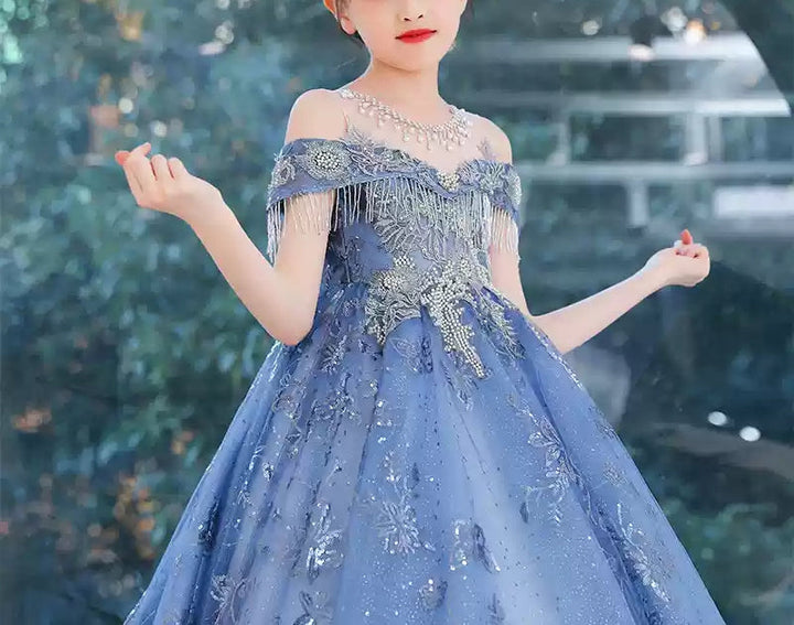 Robe de Soirée A-Line/Princess à Épaules Dénudées pour Fille avec Appliques en Cristal et Traîne