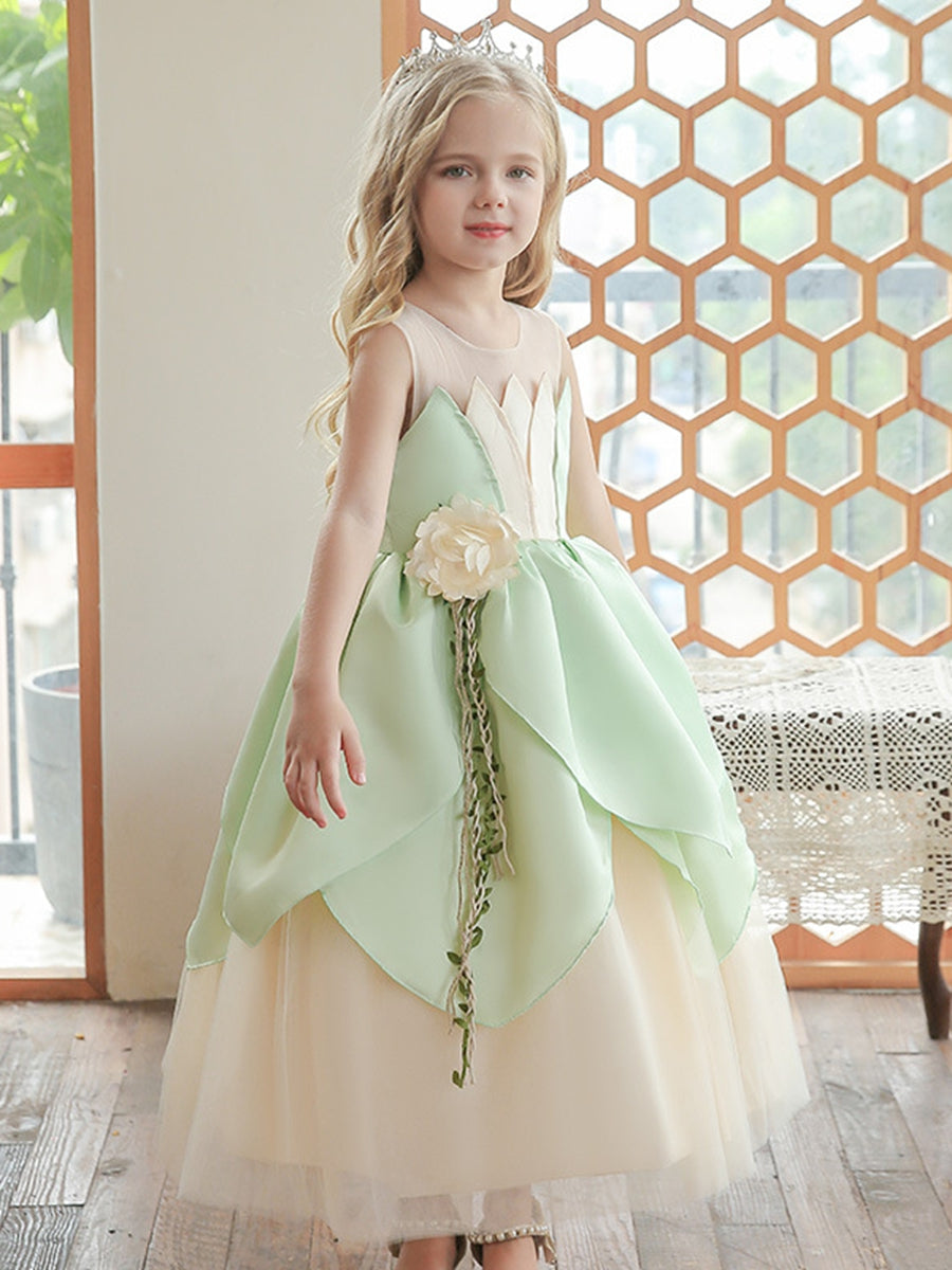 Robe de Bal à Encolure Dégagée Sans Manches avec Volants et Ceinture Fleurie pour Fille de Fleur