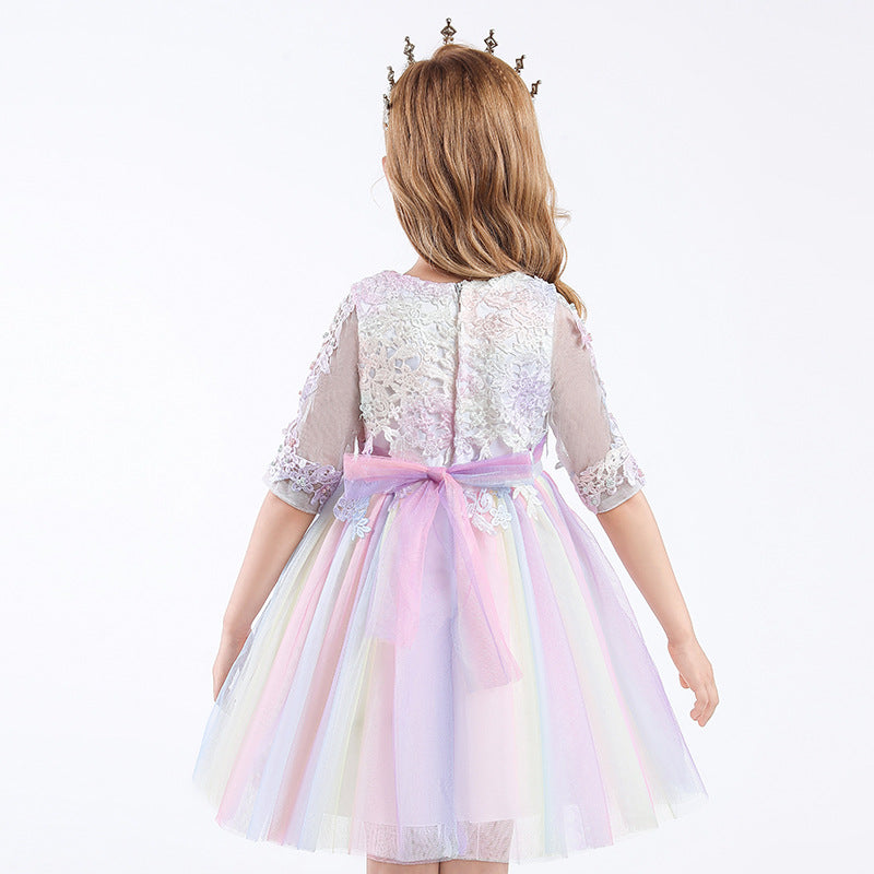 Robe de Bal à Encolure Dégagée et Manches Mi-Longues en Tulle avec Appliques et Nœud