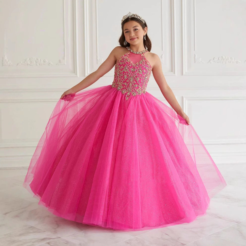 Robe de Bal Scintillante en Tulle à Col Licou et Longueur Au Sol avec Appliques en Dentelle
