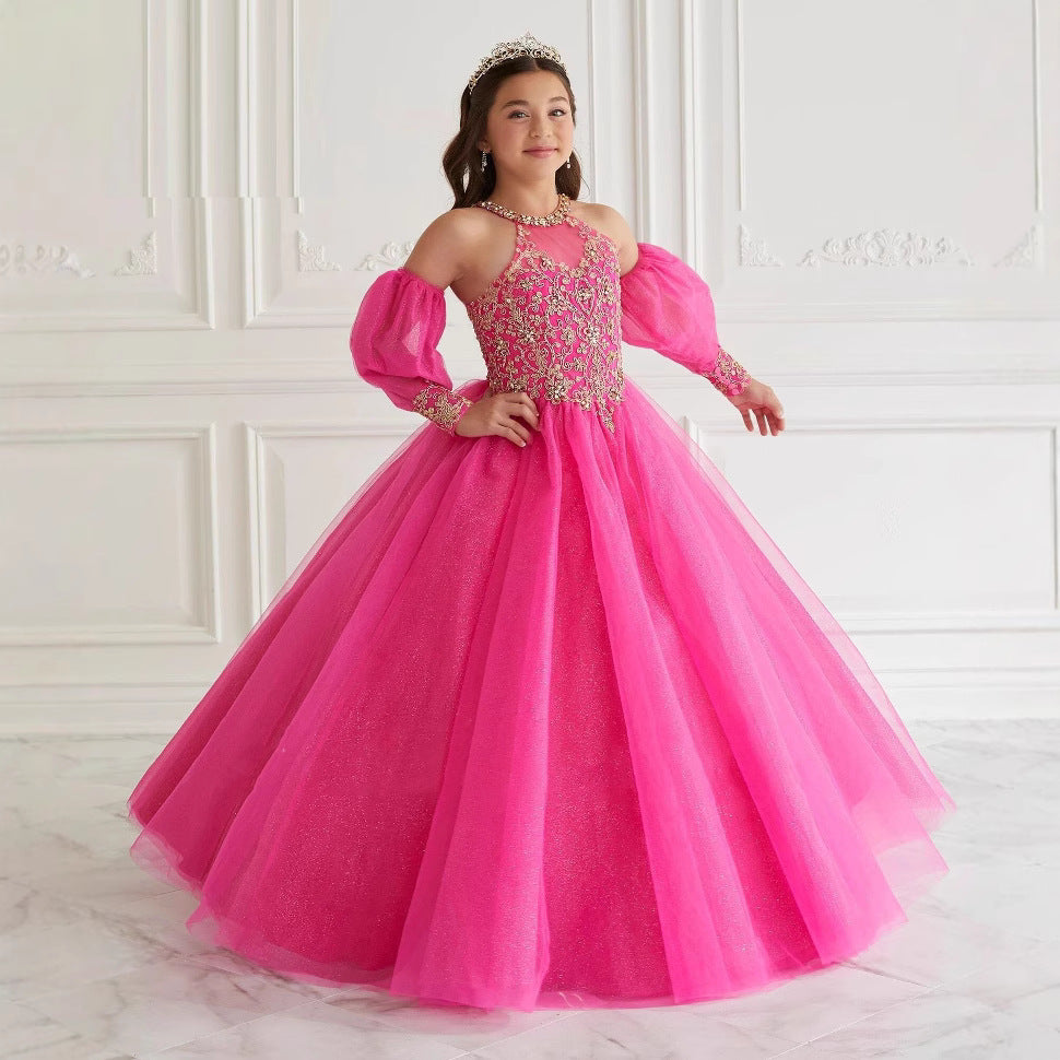 Robe de Bal Scintillante en Tulle à Col Licou et Longueur Au Sol avec Appliques en Dentelle