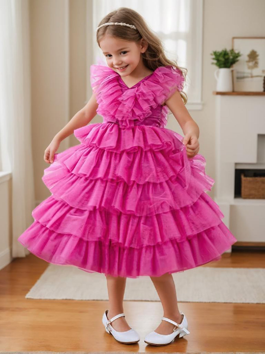 Robe de Bal/Princesse Rose Sans Manches en Tulle pour Fille avec Volants