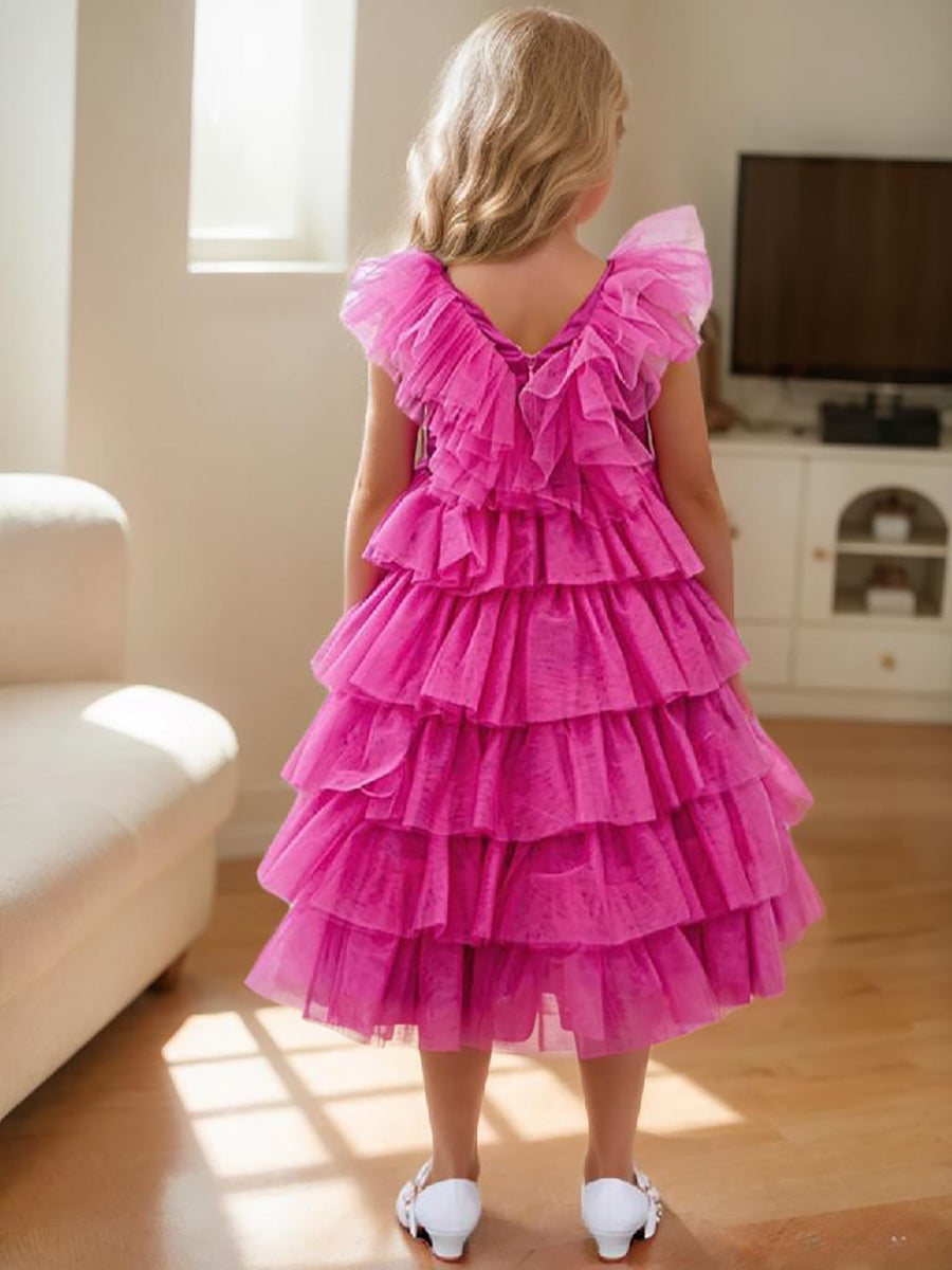 Robe de Bal/Princesse Rose Sans Manches en Tulle pour Fille avec Volants