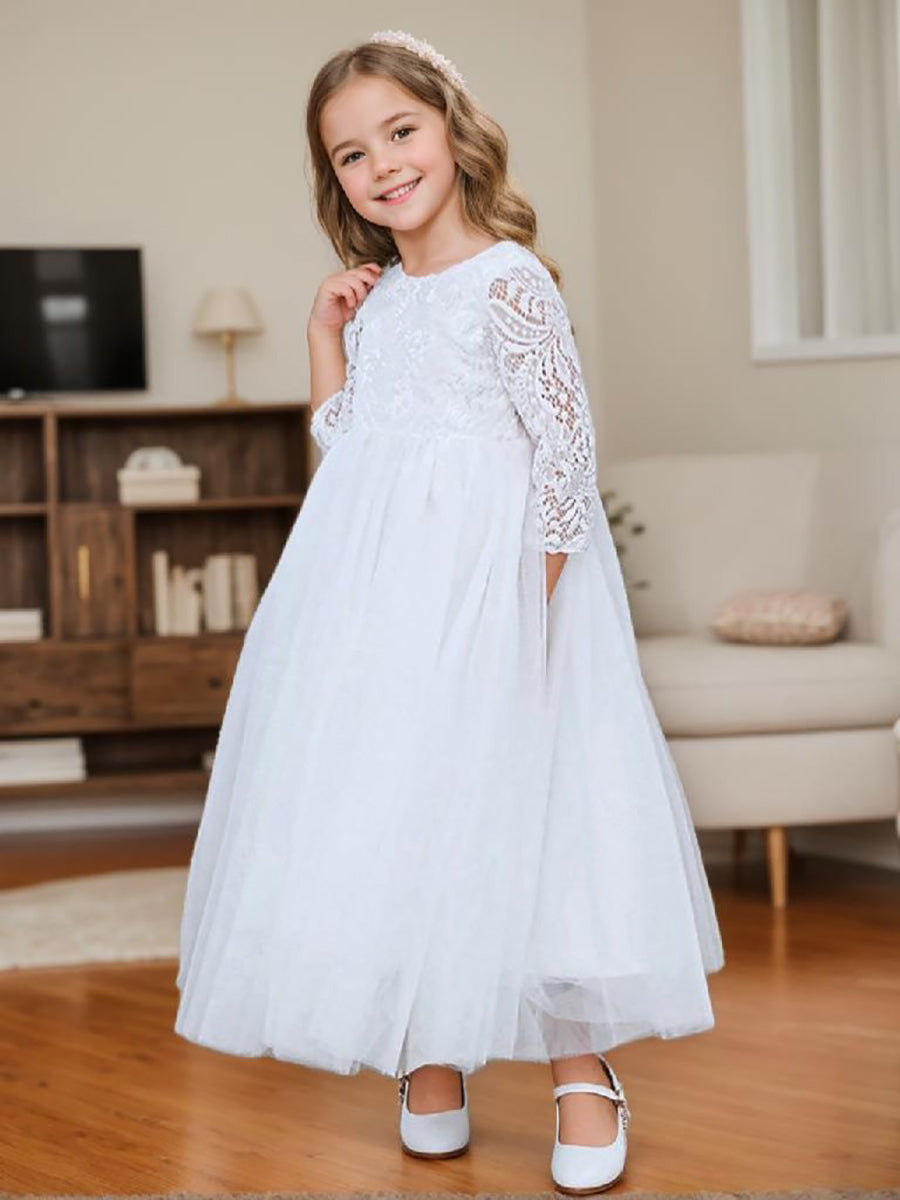 Robe de Demoiselle D'Honneur en Tulle avec Tutu en Dentelle et Dos Pivoine pour Fille