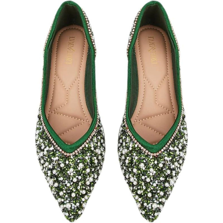 Chaussures de Mariage pour Femmes Chaussures de Mariée Vertes à Bout Pointu et Talon Plat avec Perles