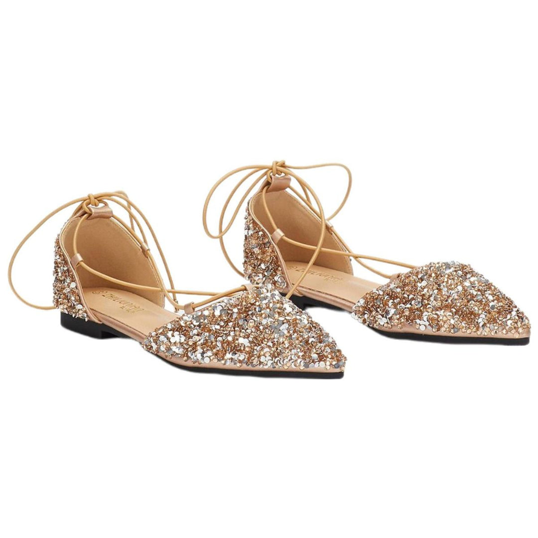 Chaussures de Mariage pour Femmes Chaussures de Mariée à Bout Pointu Dorées à Lacets et à Talon Plat