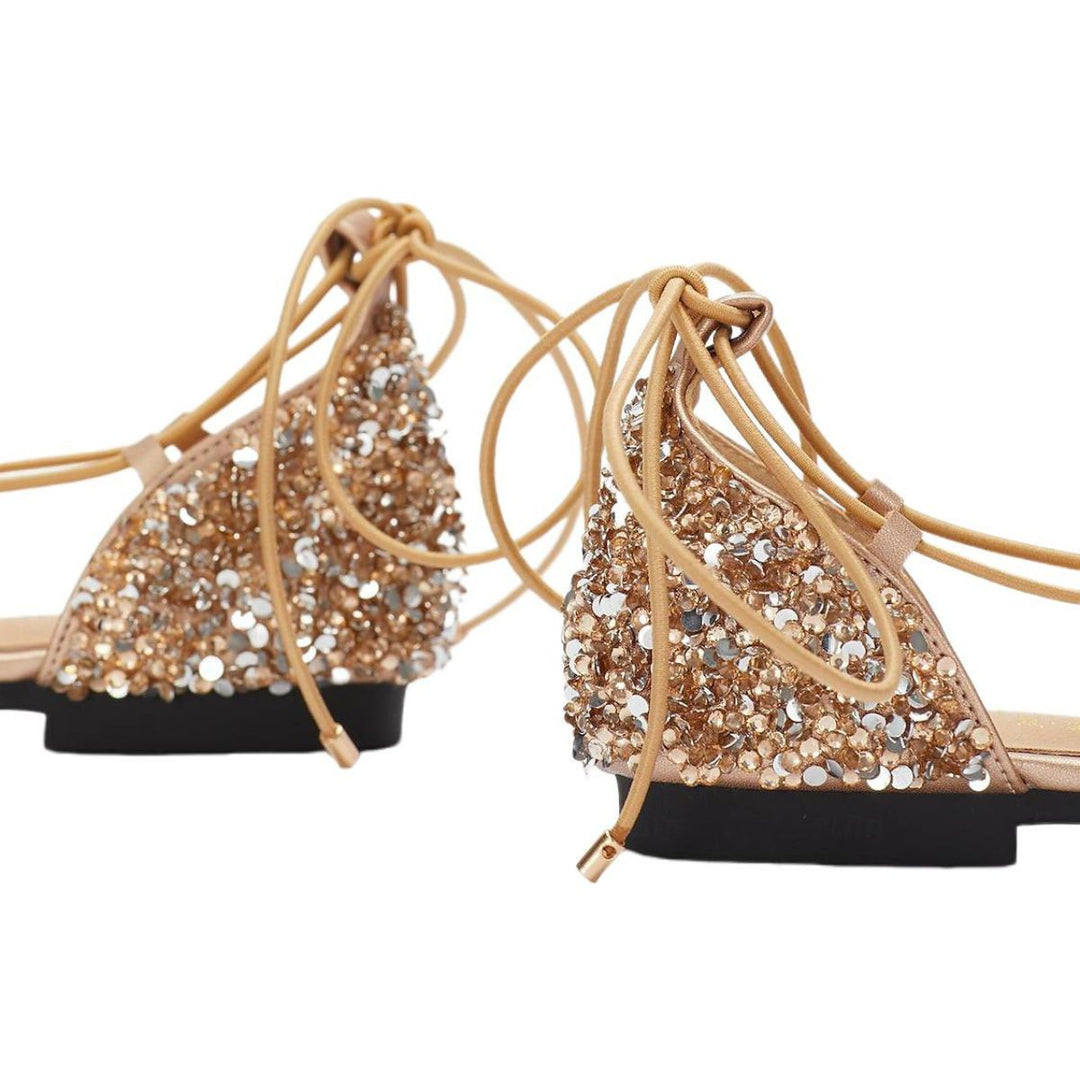 Chaussures de Mariage pour Femmes Chaussures de Mariée à Bout Pointu Dorées à Lacets et à Talon Plat