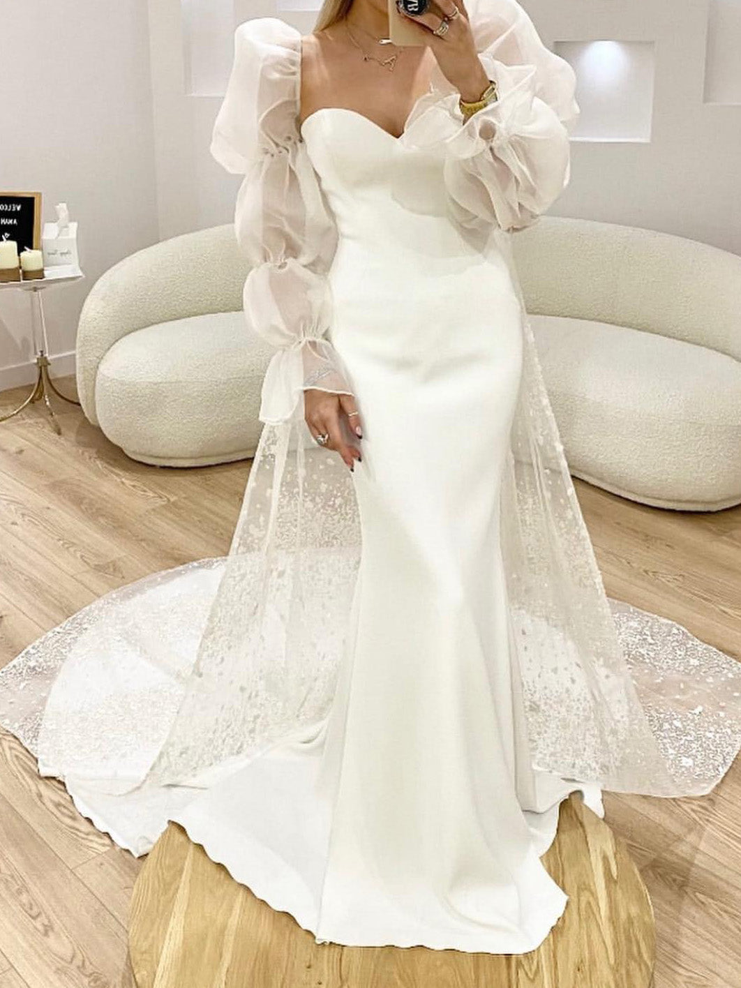 Robe de Mariée Sirène en Dentelle avec Décolleté en Cœur et Appliques