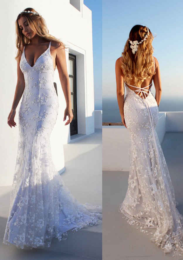 Robe de Mariée Sirène/Trompette à Bretelles Spaghetti et Longueur Au Sol en Dentelle