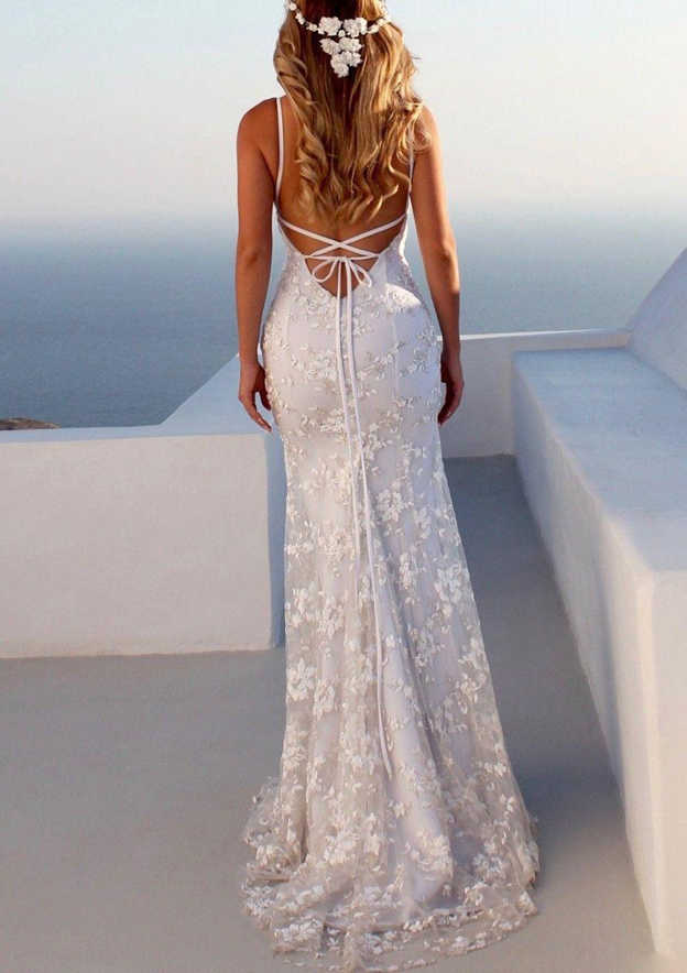 Robe de Mariée Sirène/Trompette à Bretelles Spaghetti et Longueur Au Sol en Dentelle