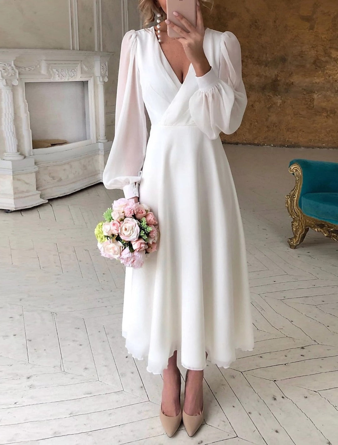 Robe de Mariée Coupe A-Line/Princesse à Col en V et Longueur Thé
