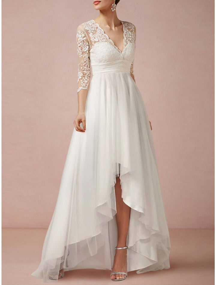 Robe de Mariée Asymétrique en Dentelle à Col en V et Coupe Princesse