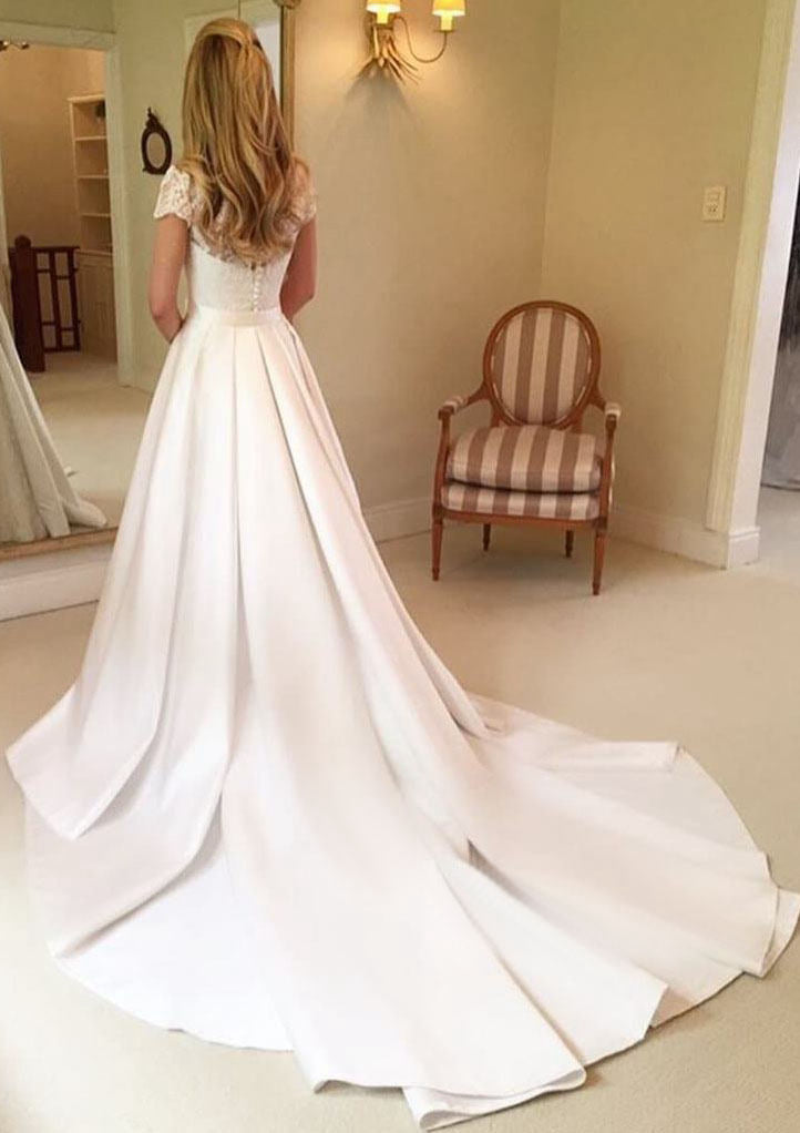 Robe de Mariée en Dentelle Coupe A-Line/Princesse, Col en V, Longueur Au Sol