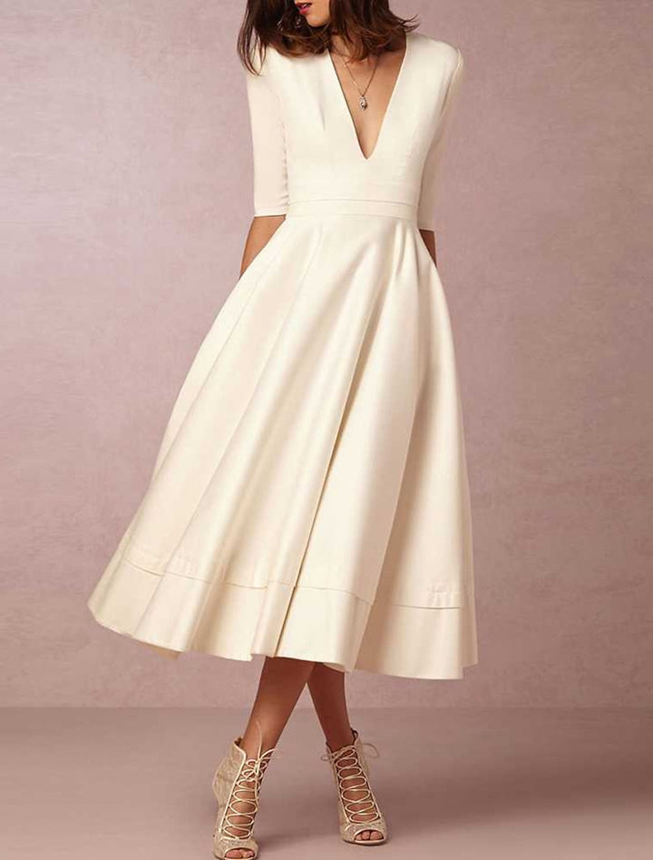 Robe de Mariée Coupe A-Line/Princesse à Col en V et Longueur Thé