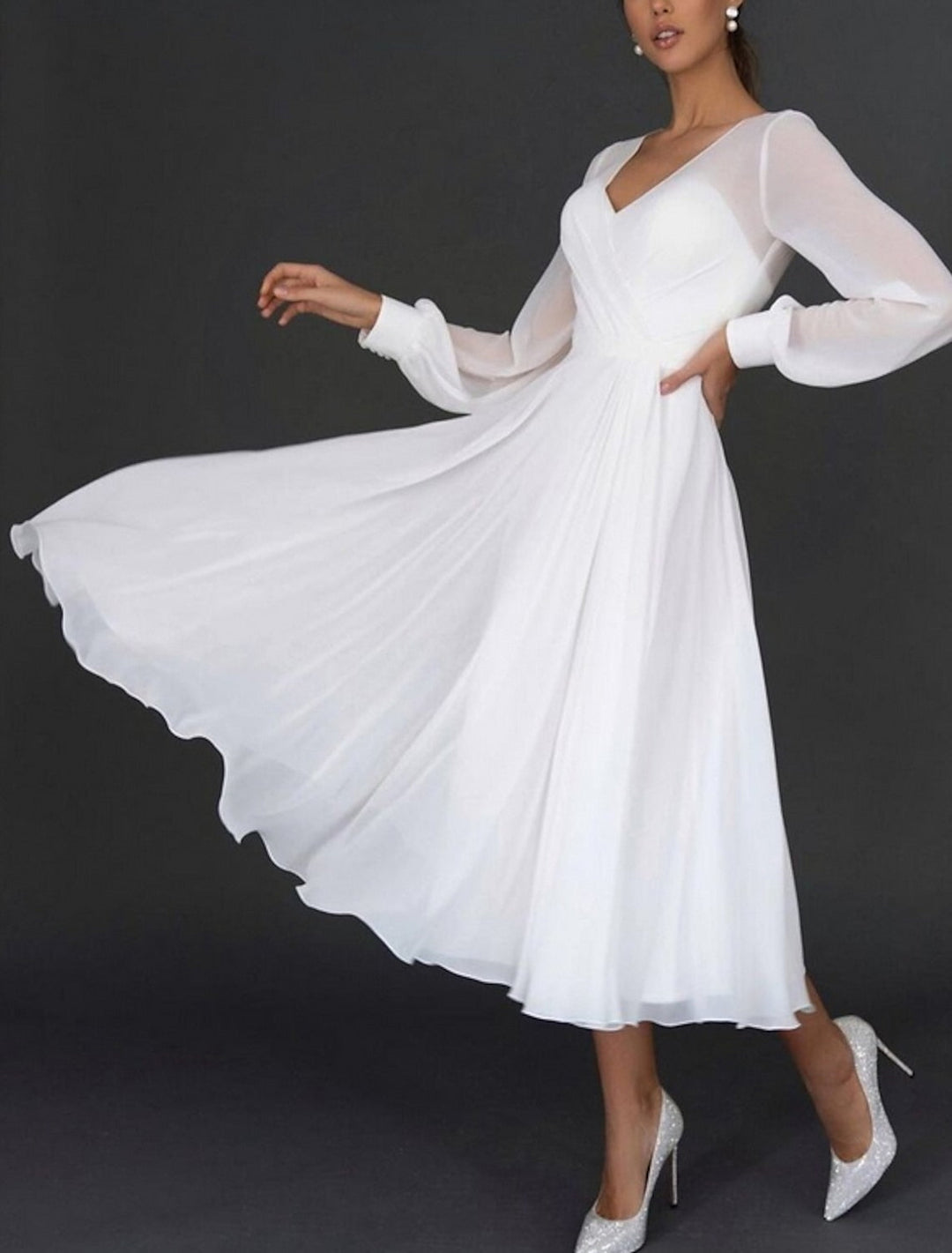Robe de Mariée Coupe A-Line/Princesse à Col en V et Longueur Thé
