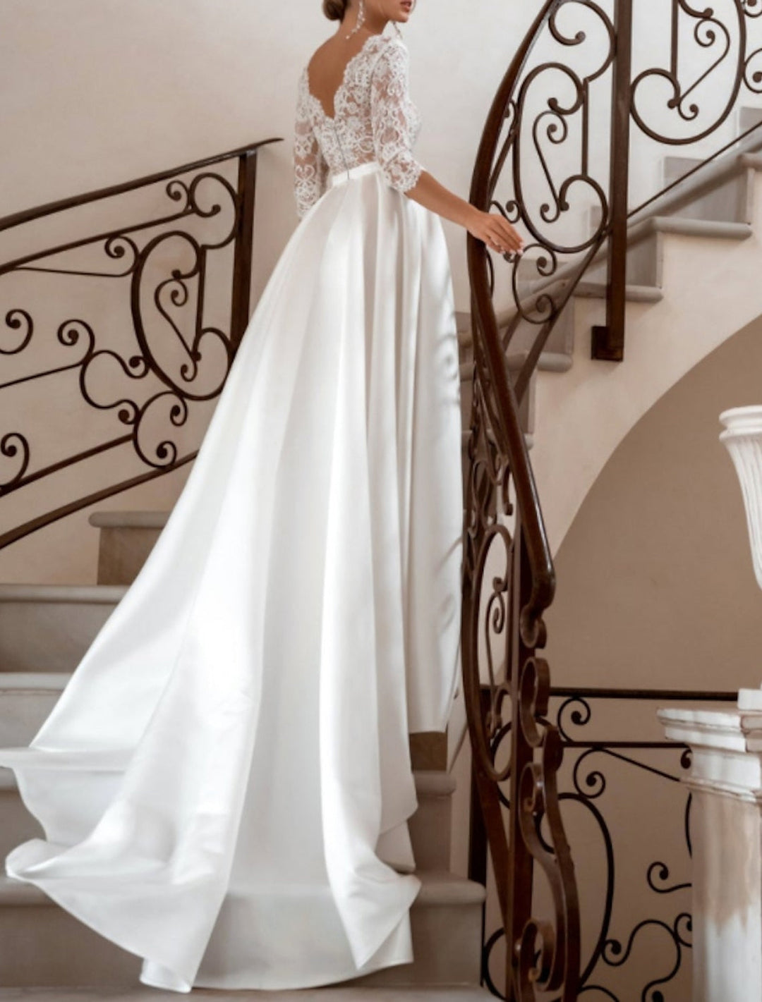 Robe de Mariée en Dentelle Coupe A-Line/Princesse, Col en V, Longueur Au Sol