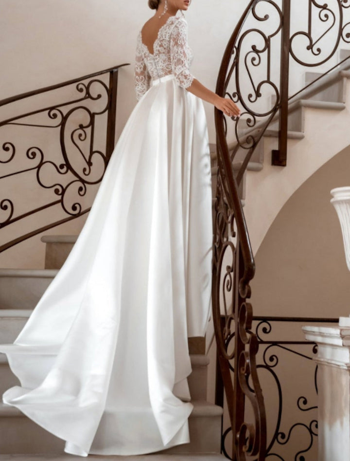 Robe de Mariée en Dentelle Coupe A-Line/Princesse, Col en V, Longueur Au Sol