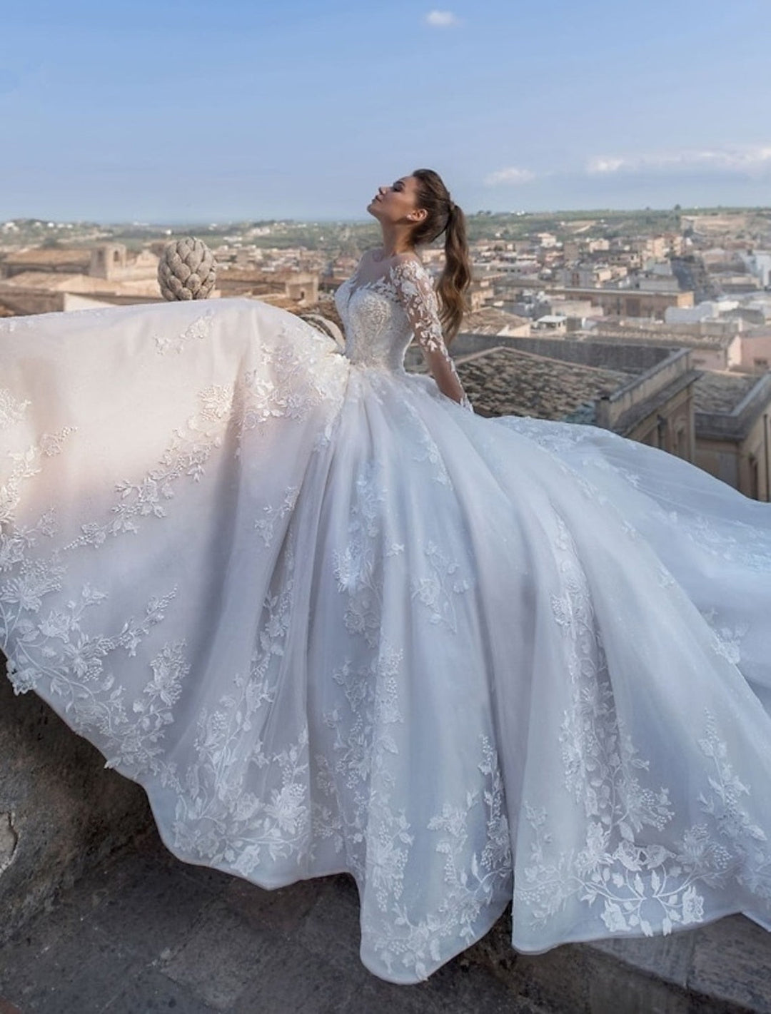 Robe de Mariée en Dentelle à Col en V et Longueur Au Sol
