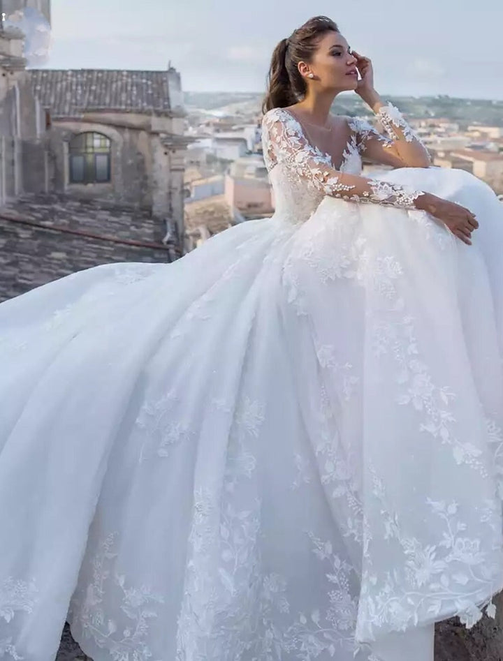 Robe de Mariée en Dentelle à Col en V et Longueur Au Sol