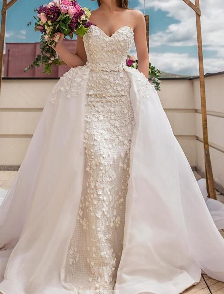 Robe de Mariée en Dentelle Sans Bretelles et Longue Au Sol