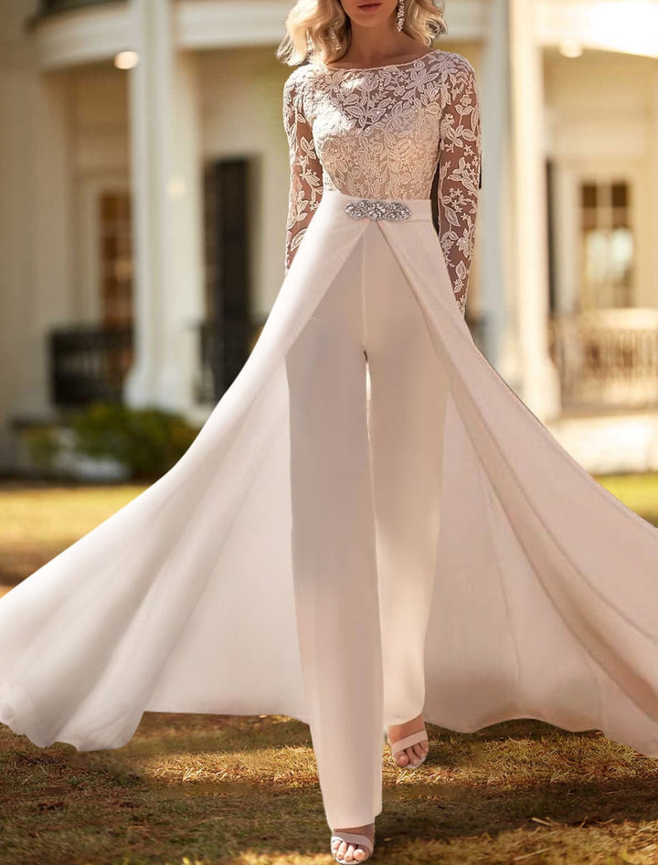Robe de Mariée Longue en Dentelle à Deux Pièces et Décolleté Plongeant