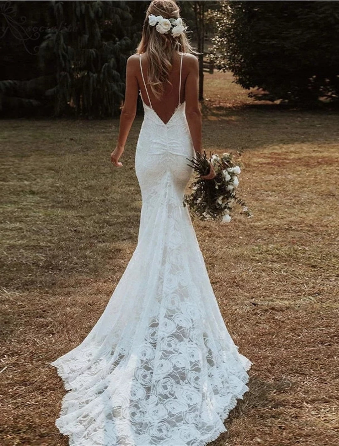 Robe de Mariée Sirène/Trompette à Bretelles Spaghetti et Longueur Au Sol en Dentelle