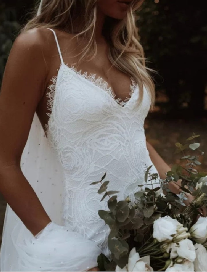 Robe de Mariée Sirène/Trompette à Bretelles Spaghetti et Longueur Au Sol en Dentelle