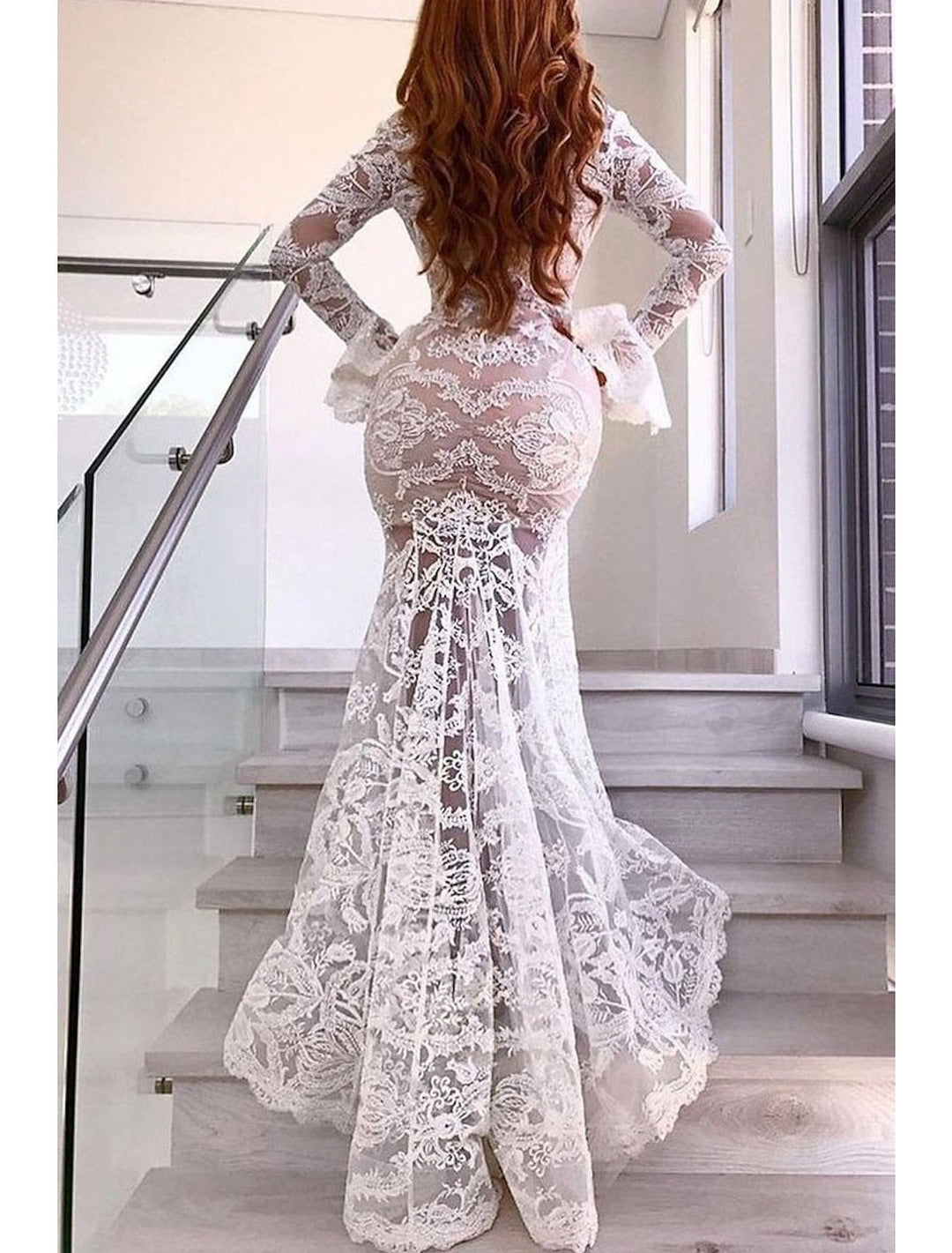 Robe de Mariée Sirène/Trompette en Dentelle à Col en V et Longueur Au Sol