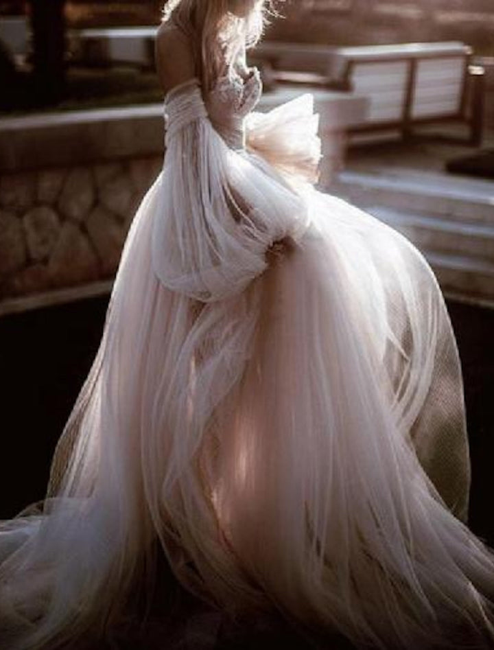 Robe de Mariée en Dentelle à Épaules Dénudées et Longueur Au Sol, Coupe A-Line/Princesse