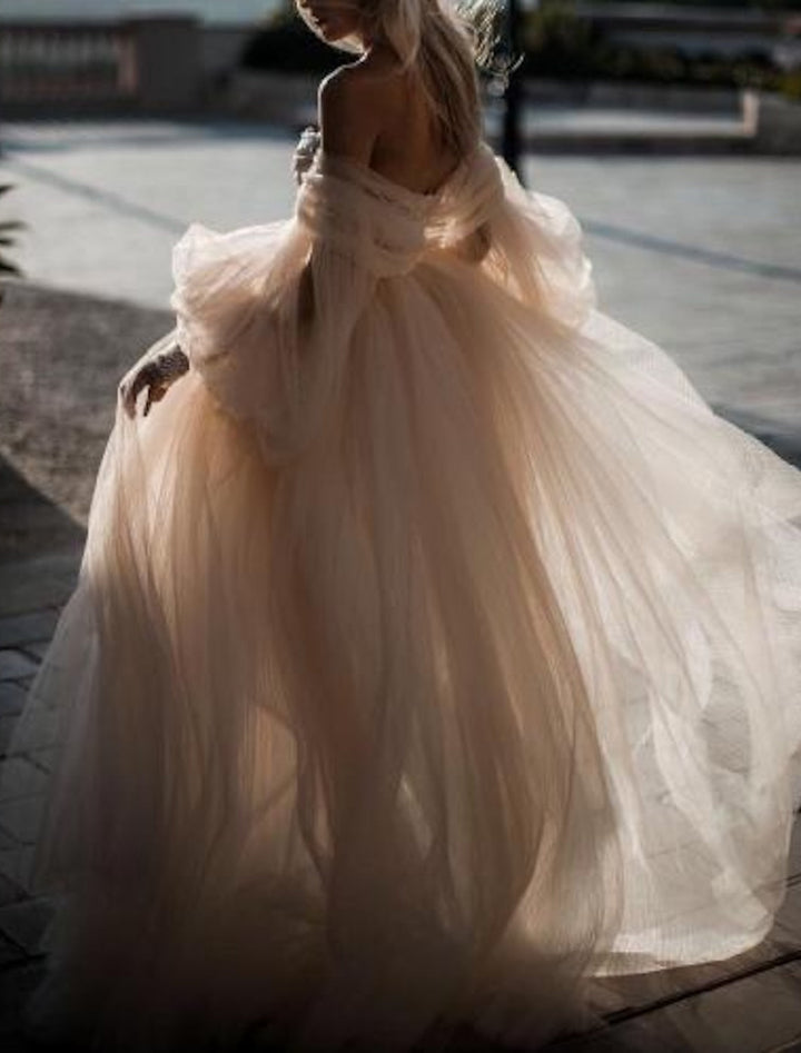Robe de Mariée en Dentelle à Épaules Dénudées et Longueur Au Sol, Coupe A-Line/Princesse