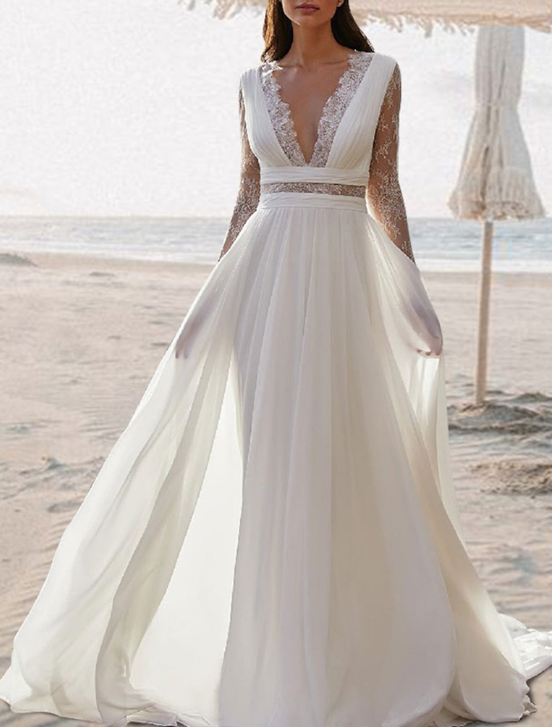 Robe de Mariée en Dentelle Coupe A-Line/Princesse, Col en V, Longueur Au Sol