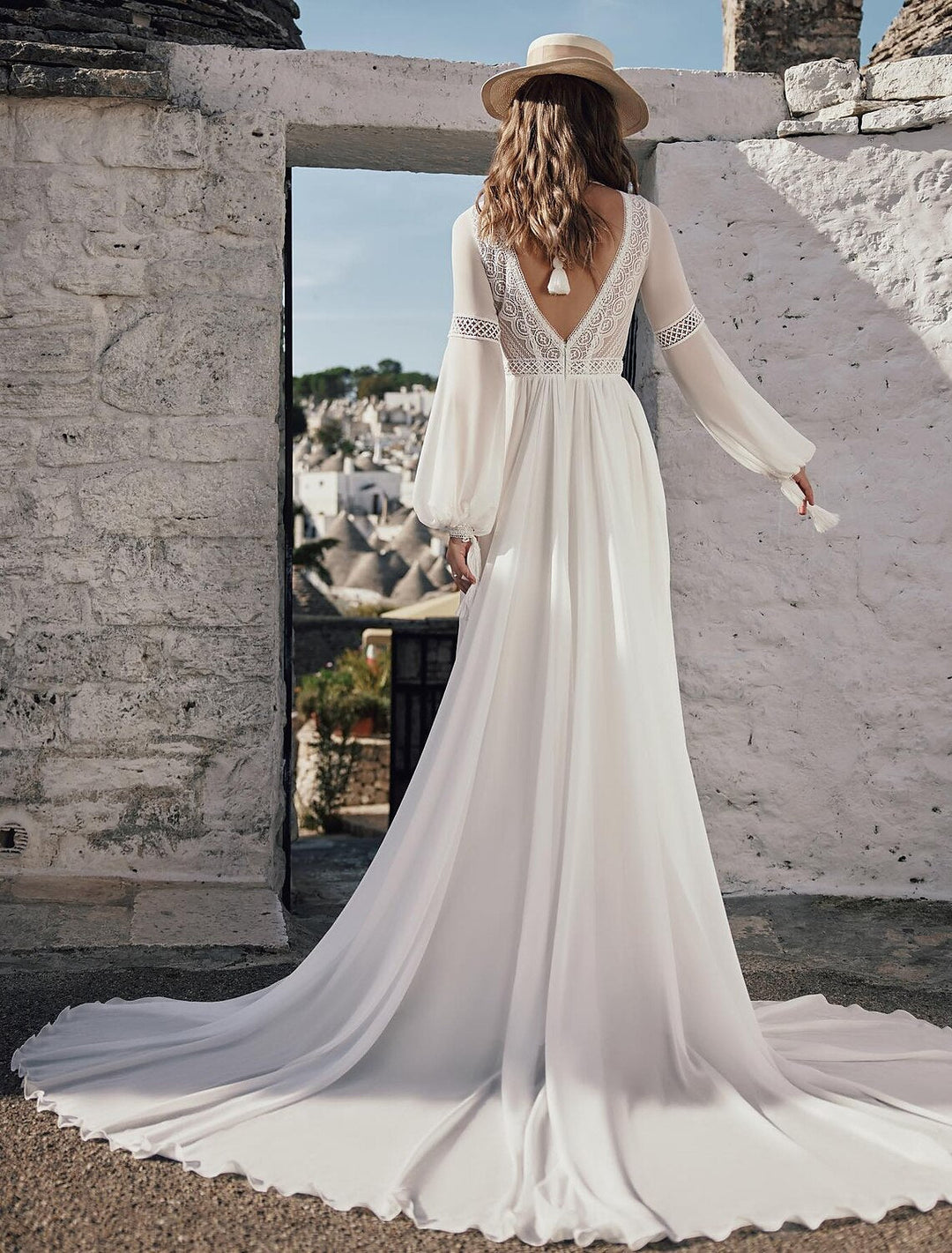 Robe de Mariée en Dentelle Coupe A-Line/Princesse, Col en V, Longueur Au Sol