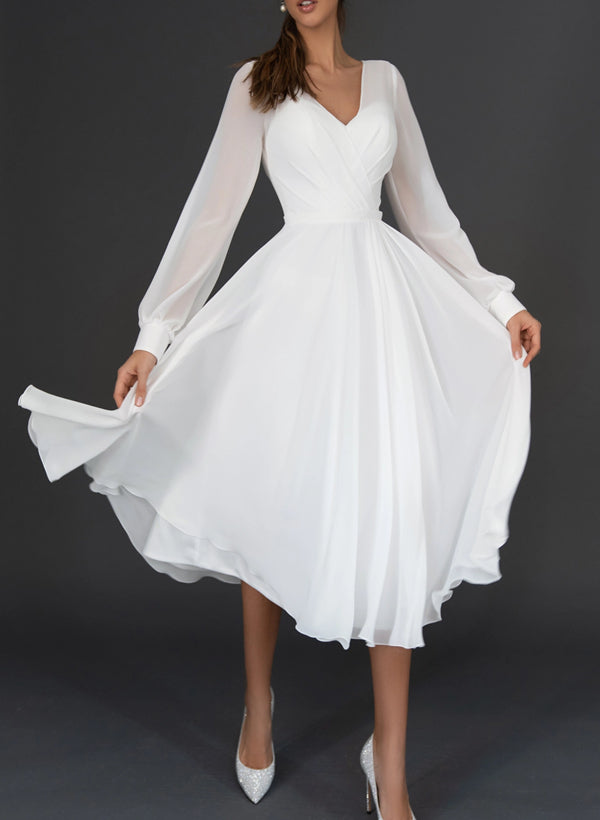 Robe de Mariée Coupe A-Line/Princesse à Col en V et Longueur Thé