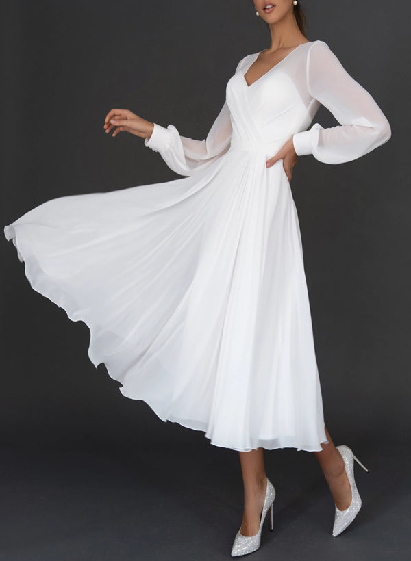 Robe de Mariée Coupe A-Line/Princesse à Col en V et Longueur Thé
