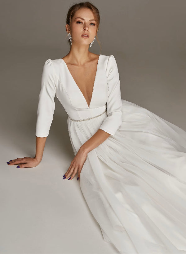 Robe de Mariée Coupe A-Line/Princesse à Col en V et Longueur Thé
