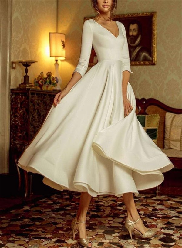 Robe de Mariée Coupe A-Line/Princesse à Col en V et Longueur Thé