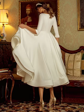 Robe de Mariée Coupe A-Line/Princesse à Col en V et Longueur Thé