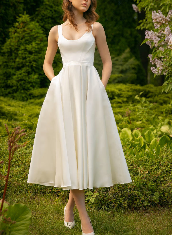 Robe de Mariée Coupe A-Line/Princesse, Longueur Thé, Décolleté Plongeant