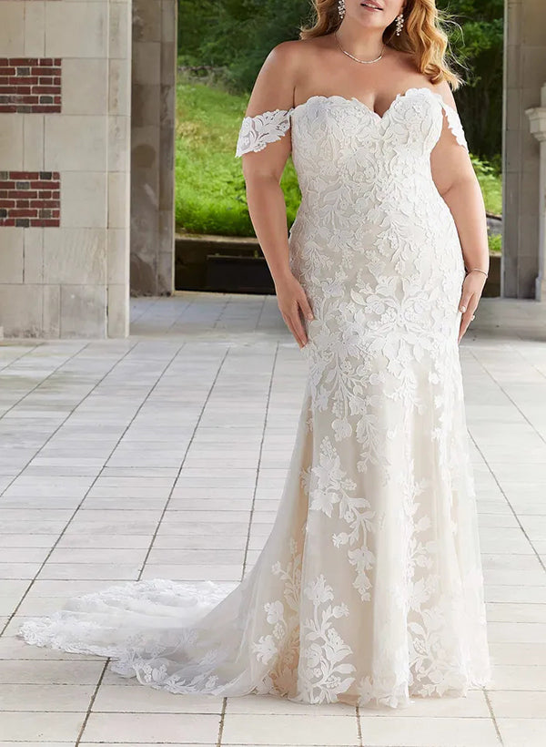 Robe de Mariée Grande Taille en Dentelle à Épaules Dénudées et Style Sirène avec Appliques