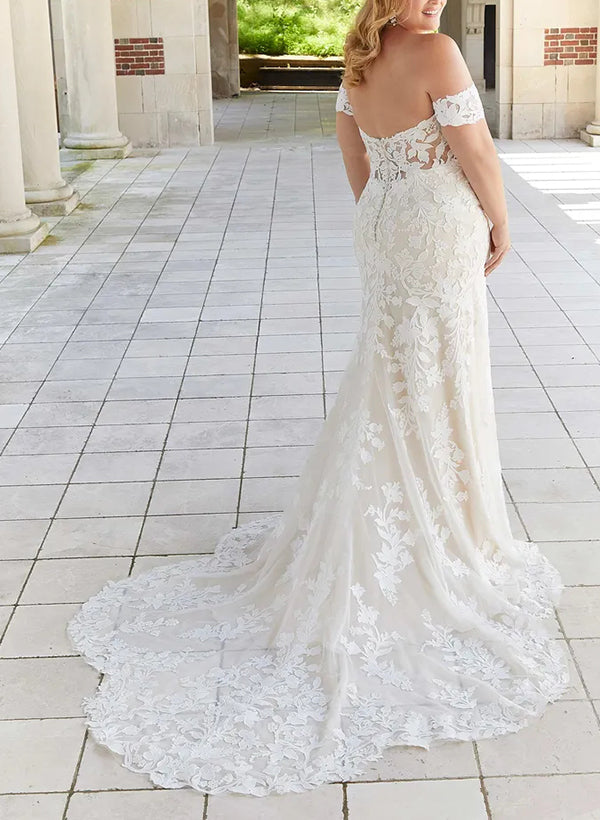 Robe de Mariée Grande Taille en Dentelle à Épaules Dénudées et Style Sirène avec Appliques