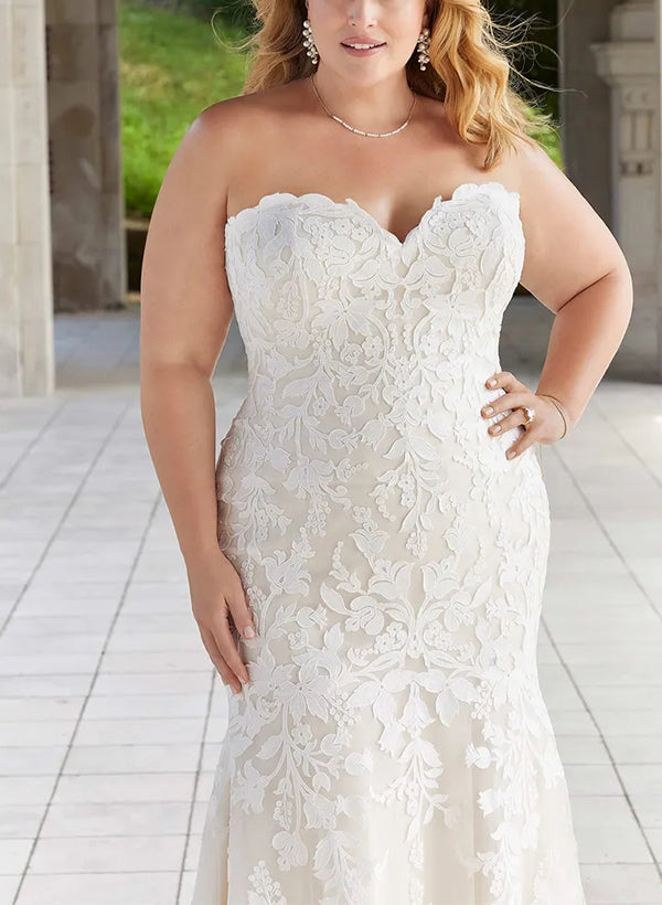Robe de Mariée Grande Taille en Dentelle à Épaules Dénudées et Style Sirène avec Appliques
