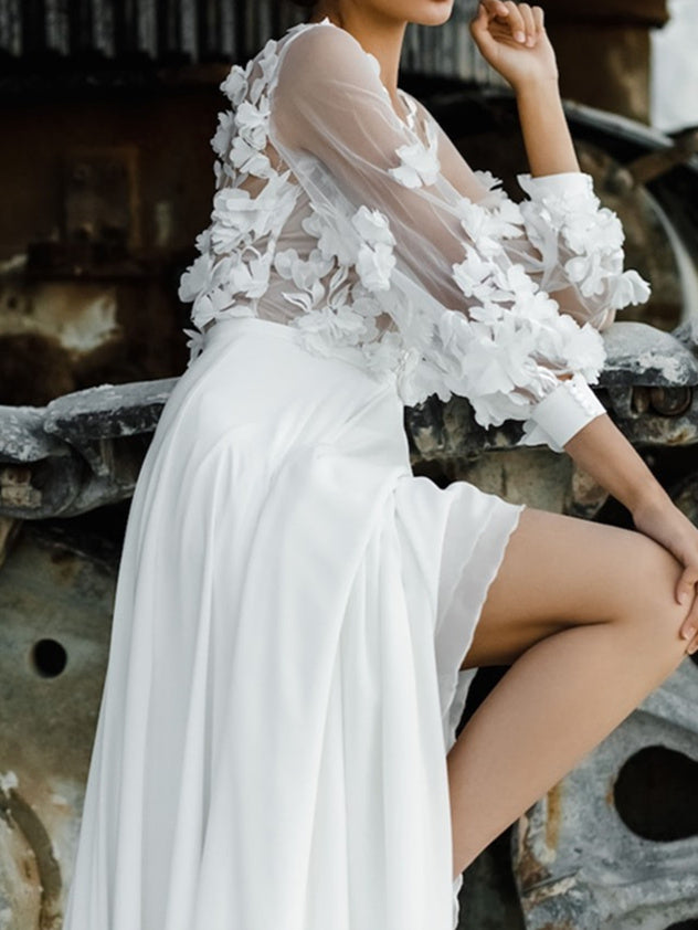 Robe de Mariée Trapèze/Princesse à Col en V et Longueur Au Sol avec Appliques