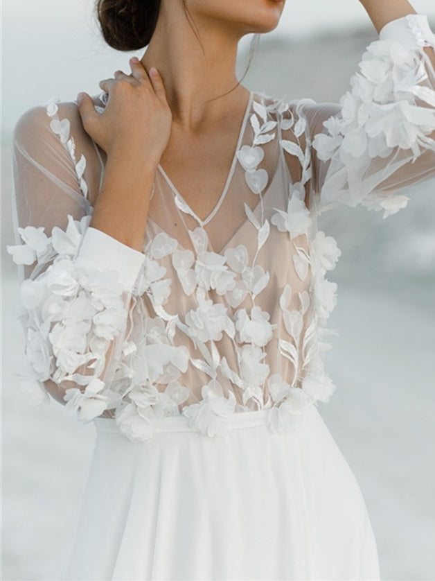 Robe de Mariée Trapèze/Princesse à Col en V et Longueur Au Sol avec Appliques