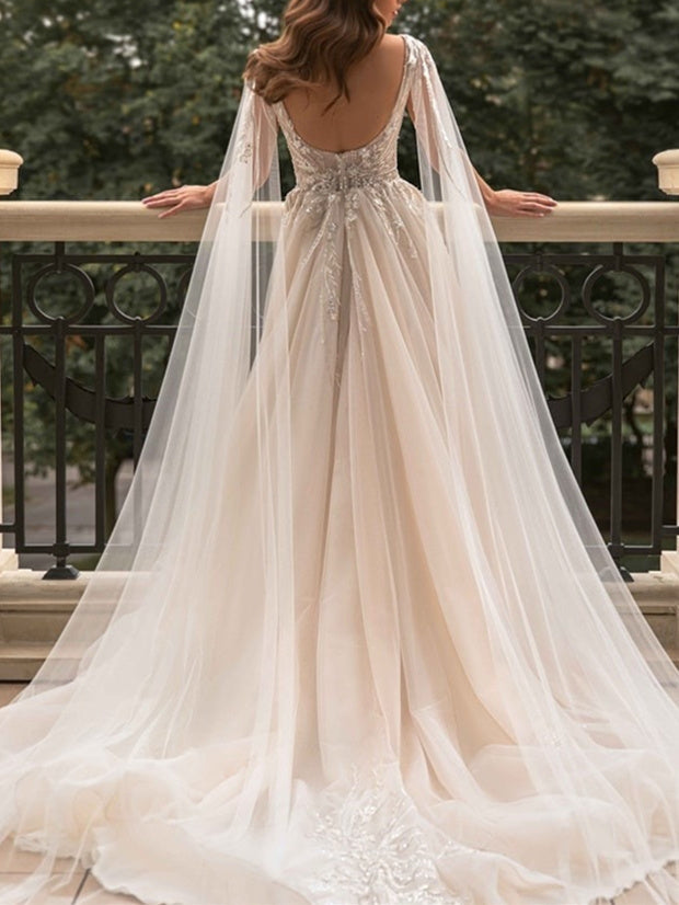 Robe de Mariée Trapèze/Princesse à Col en V et Longueur Au Sol avec Fente Sur le Côté