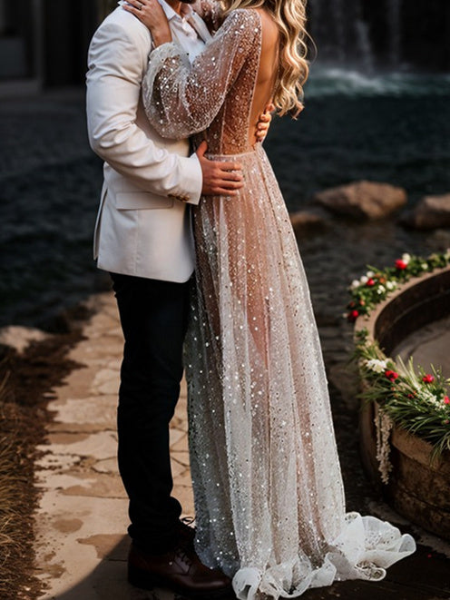 Robe de Mariée à Paillettes, Coupe A-Line/Princesse, Col en V, Longueur Au Sol