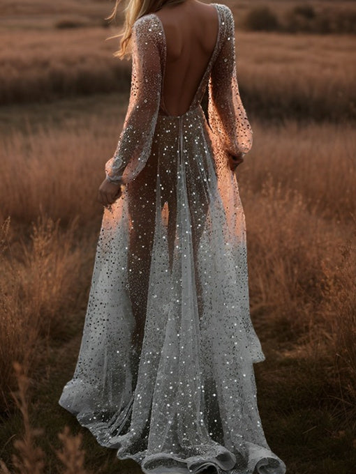 Robe de Mariée à Paillettes, Coupe A-Line/Princesse, Col en V, Longueur Au Sol