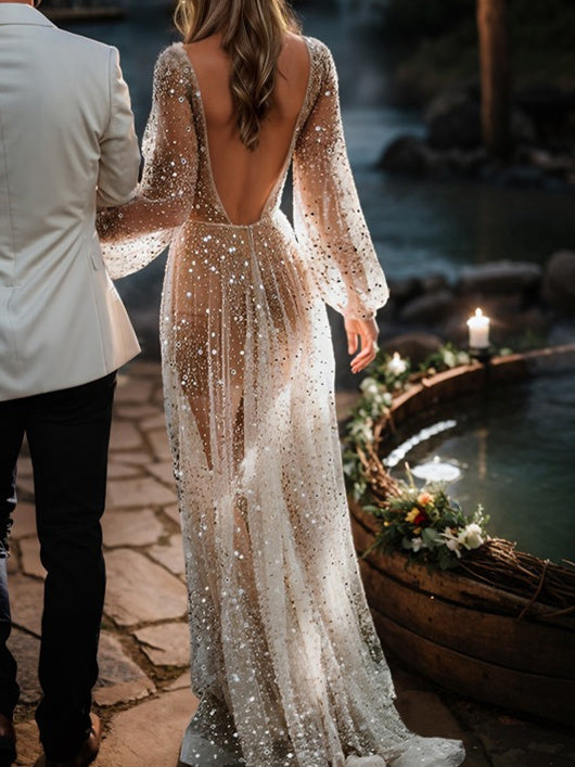 Robe de Mariée à Paillettes, Coupe A-Line/Princesse, Col en V, Longueur Au Sol
