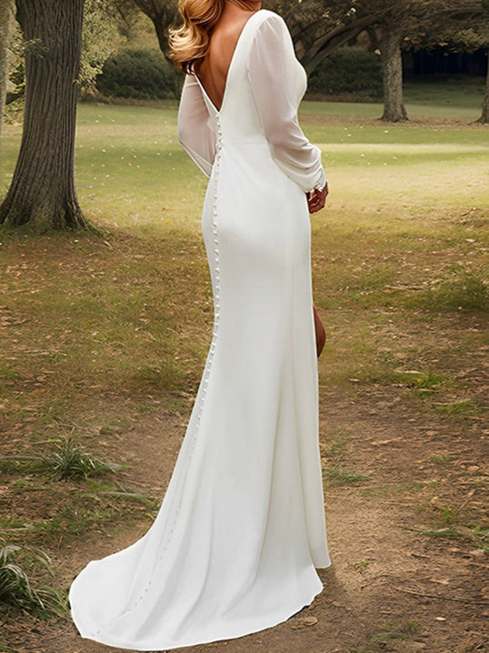 Robe de Mariée Fourreau/Colonne en Mousseline à Col en V avec Fente