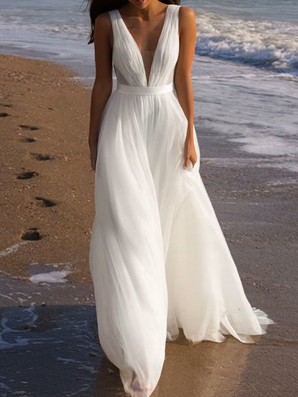 Robe de Mariée en Tulle Coupe A-Line/Princesse avec Décolleté en V Profond et Longueur Au Sol