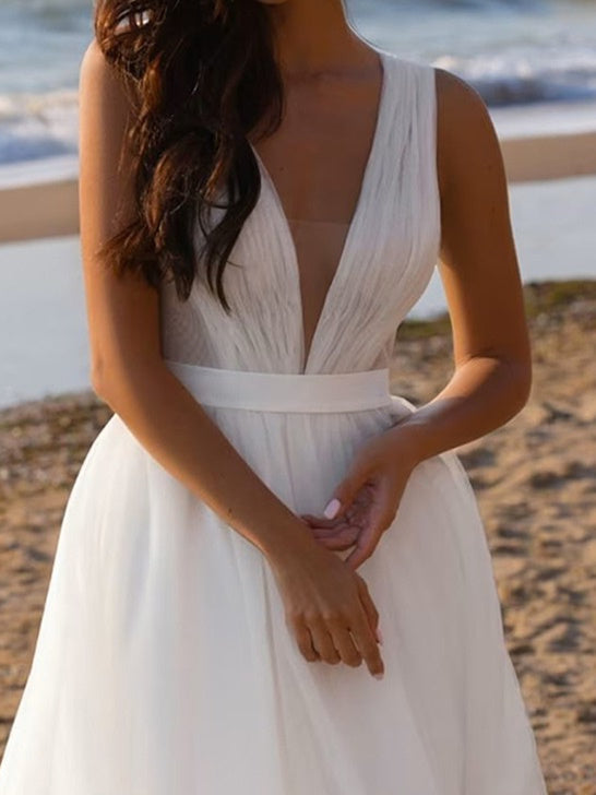 Robe de Mariée en Tulle Coupe A-Line/Princesse avec Décolleté en V Profond et Longueur Au Sol